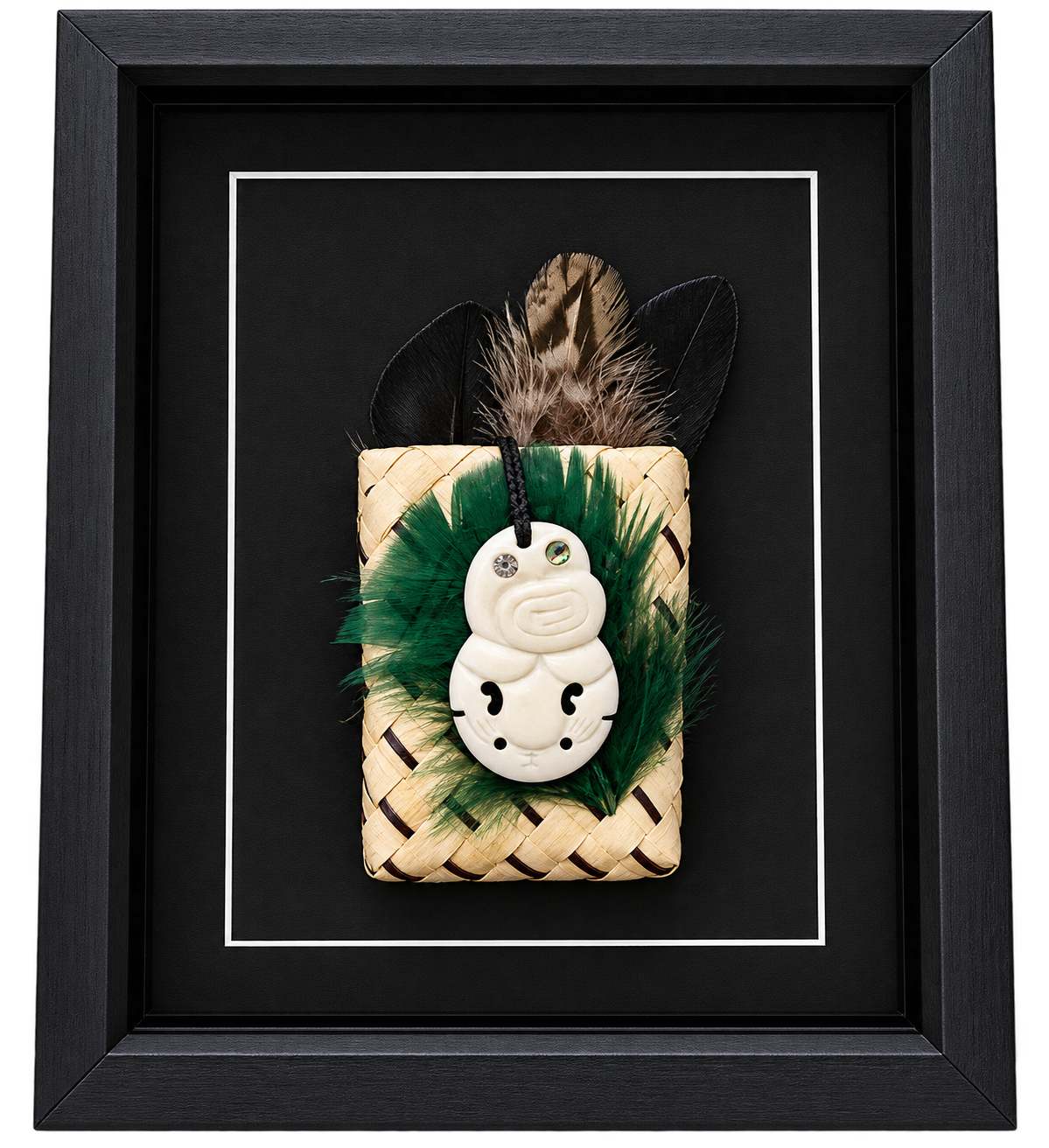 Framed New Zealand Bone Hei Tiki with Feathers & Kete