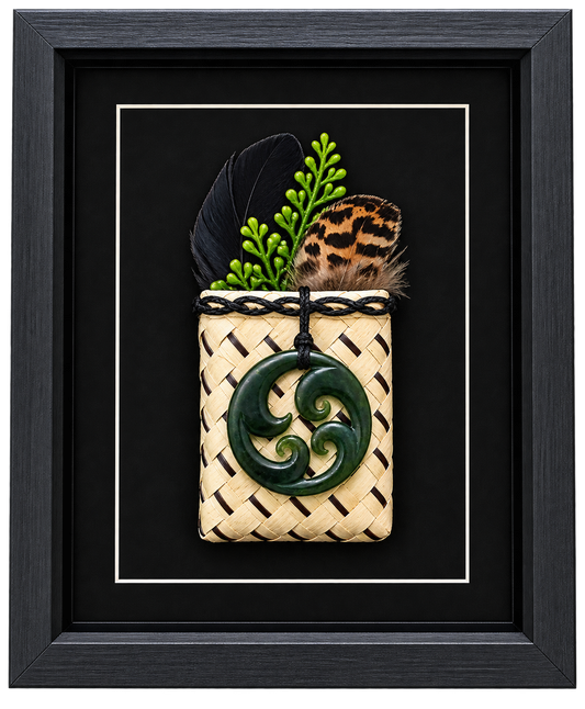 Framed New Zealand Greenstone Circle Koru with Feathers & Kete