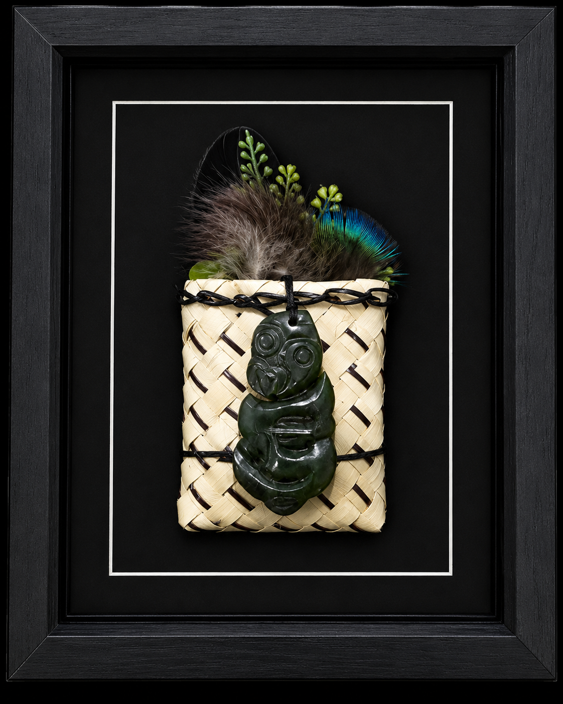 Framed New Zealand Greenstone Hei Tiki with Feathers & Kete