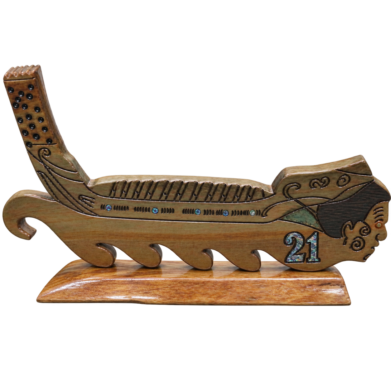 Handmade Swamp Kauri Waka 21st Key on stand 570mm