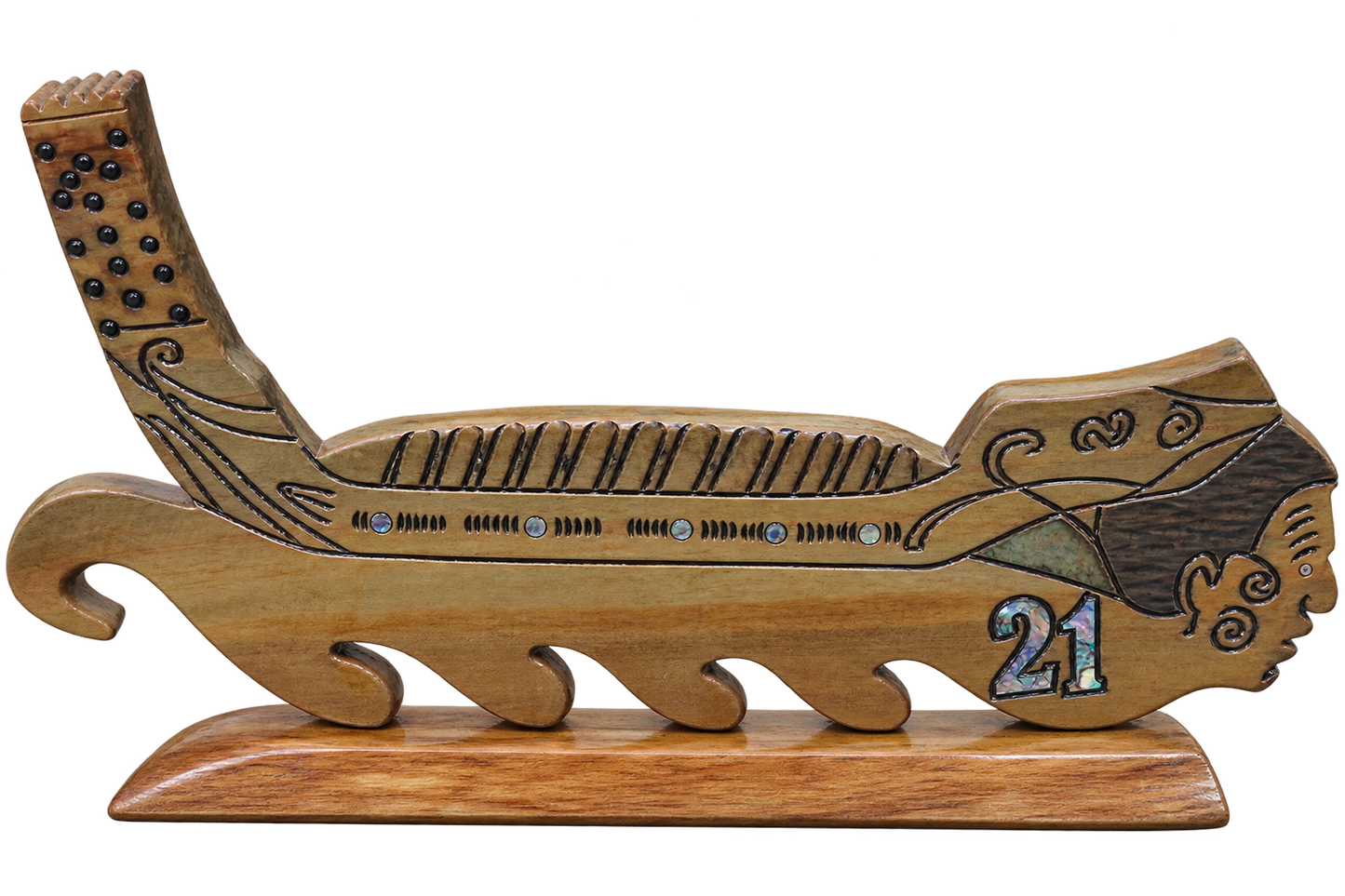 Handmade Swamp Kauri Waka 21st Key on stand 570mm