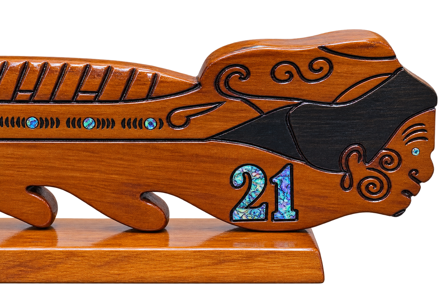 Handmade Swamp Kauri Waka 21st Key on stand 570mm