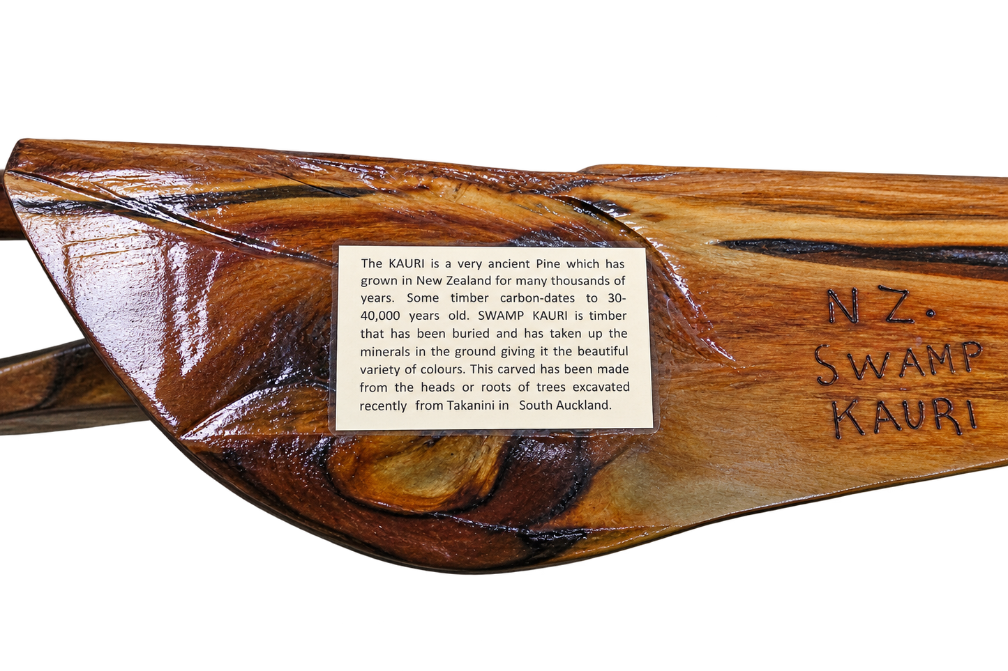 Handmade Swamp Kauri Waka 21st Key on stand 570mm