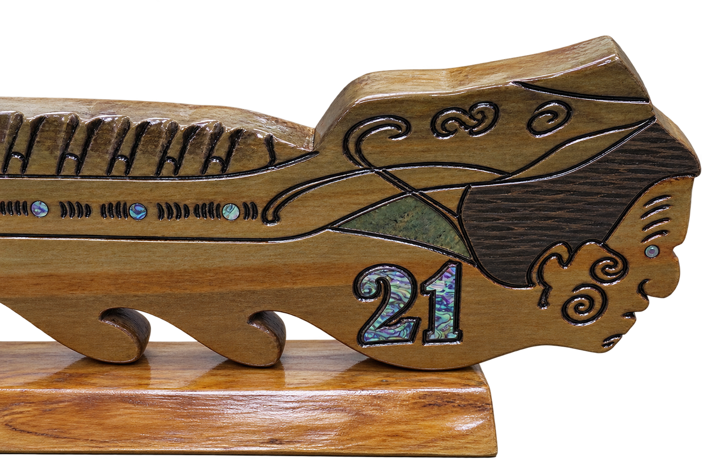 Handmade Swamp Kauri Waka 21st Key on stand 570mm