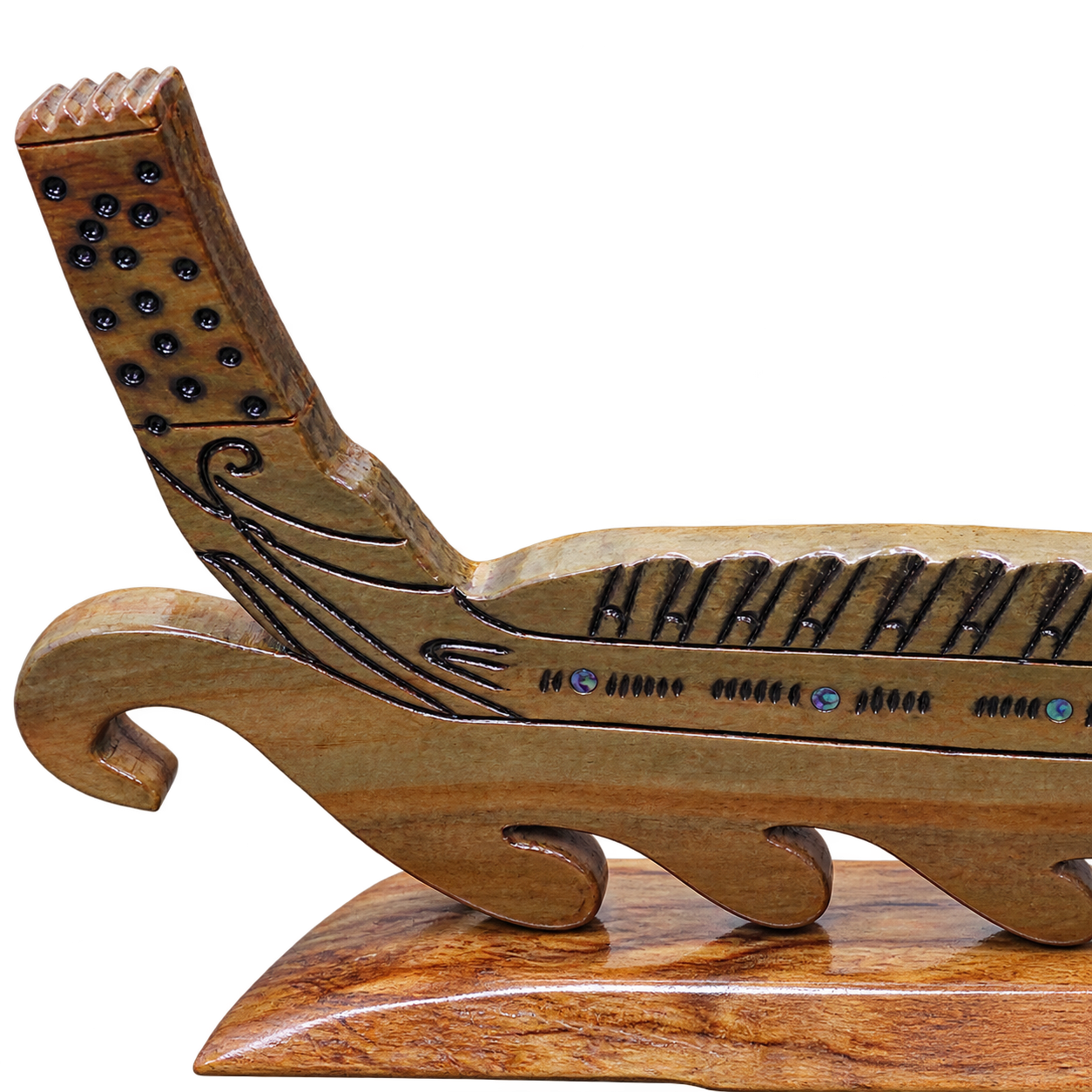 Handmade Swamp Kauri Waka 21st Key on stand 570mm