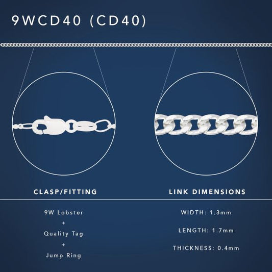 9ct White Gold Solid Curb Link Chain 45cms CD40