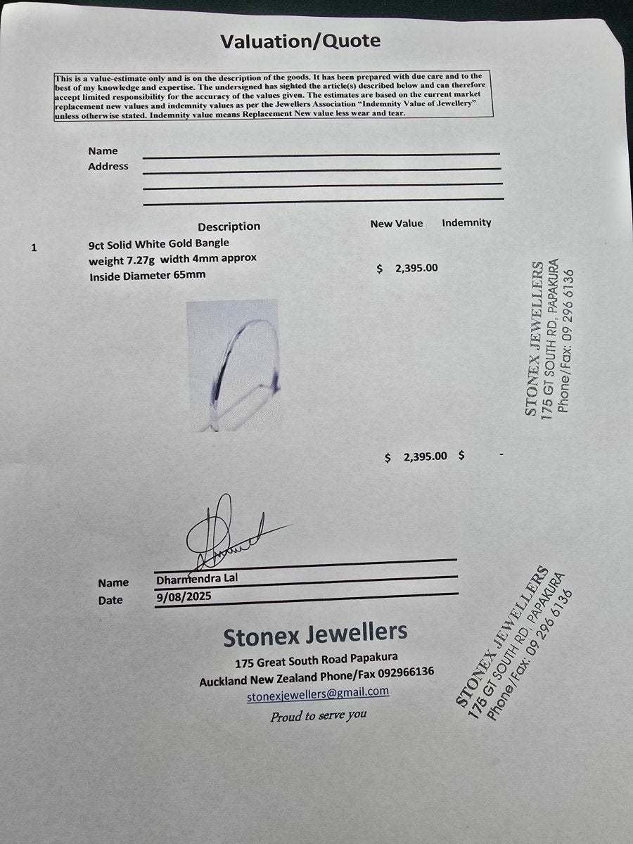 9ct White Gold Solid Bangle 4mm