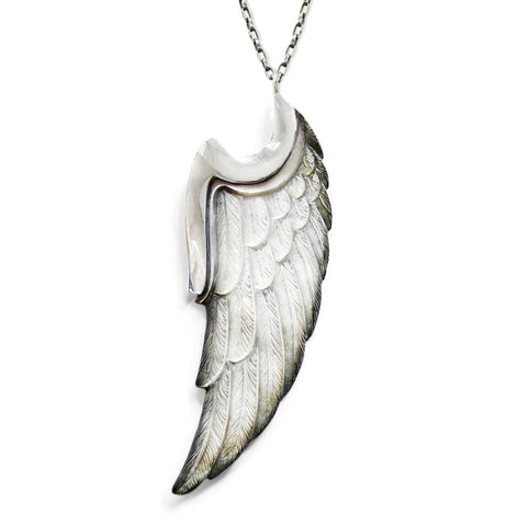 Stg Silver Angel Wing pendant carved from Mother of Pearl