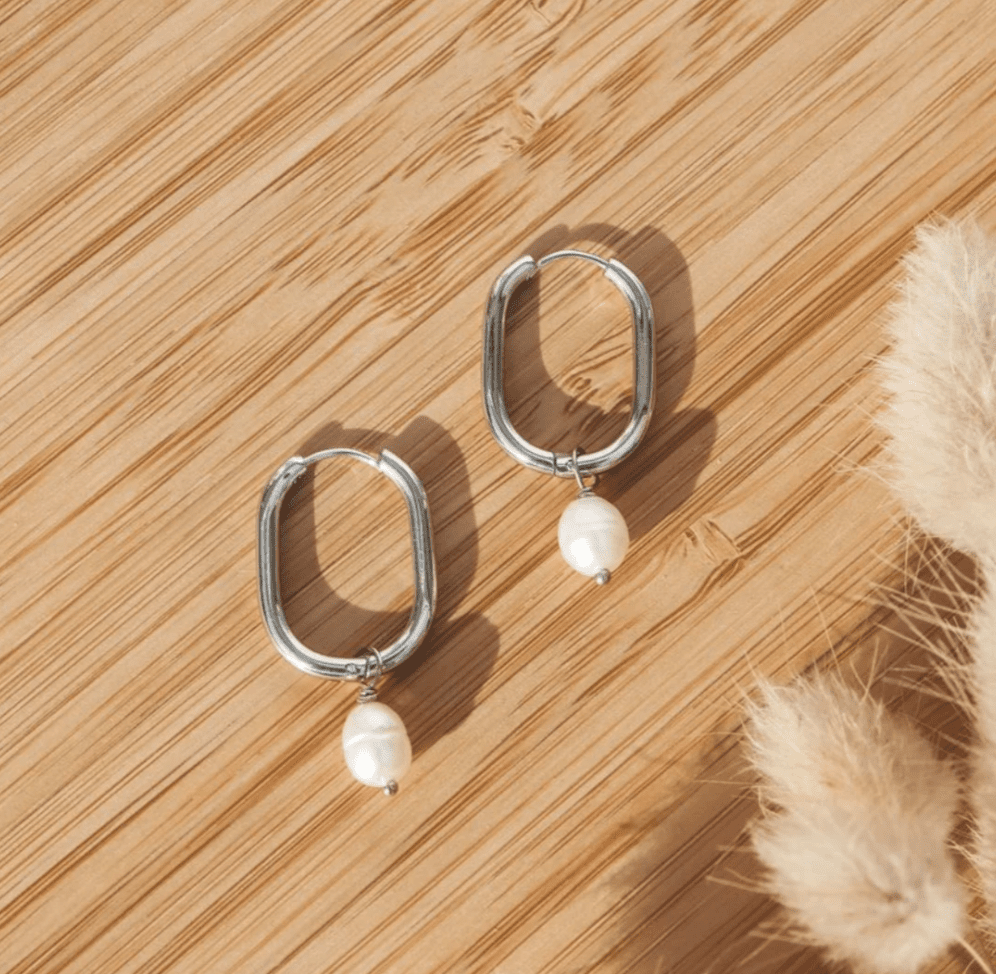 FV Fresh Water Pearl On Silver Hoop Earrings - HOPSP-EOB