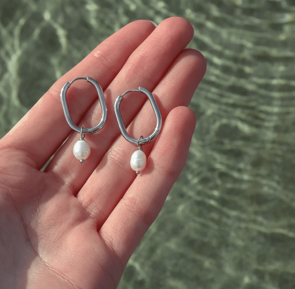 FV Fresh Water Pearl On Silver Hoop Earrings - HOPSP-EOB
