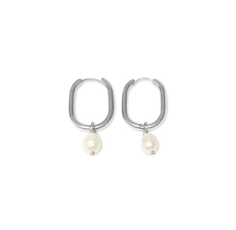 FV Fresh Water Pearl On Silver Hoop Earrings - HOPSP-EOB