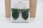 New Zealand Greenstone Drop Mask Earrings with Stg silver setting