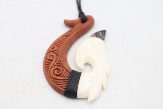 Bone Fish Hook with Wood and Paua