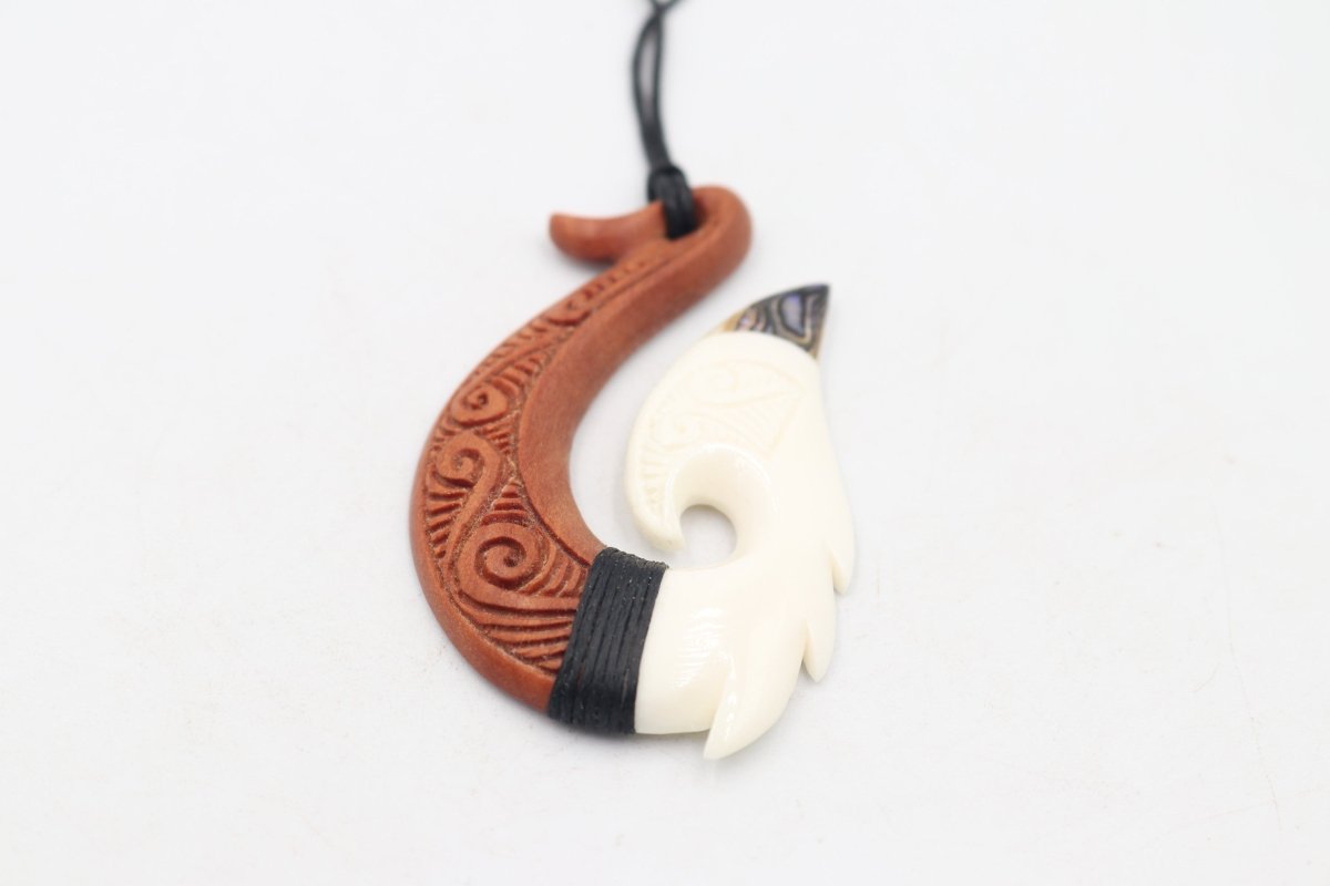 Bone Fish Hook with Wood and Paua