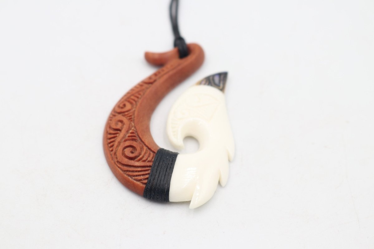 Bone Fish Hook with Wood and Paua