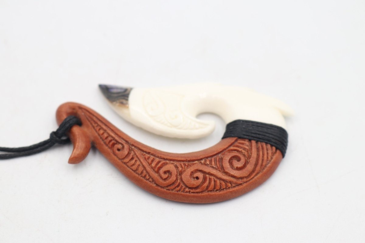 Bone Fish Hook with Wood and Paua