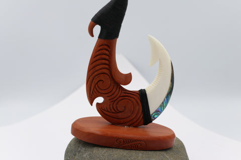 Wooden and Bone Ornament Koru Hook with Paua  100mm VT11