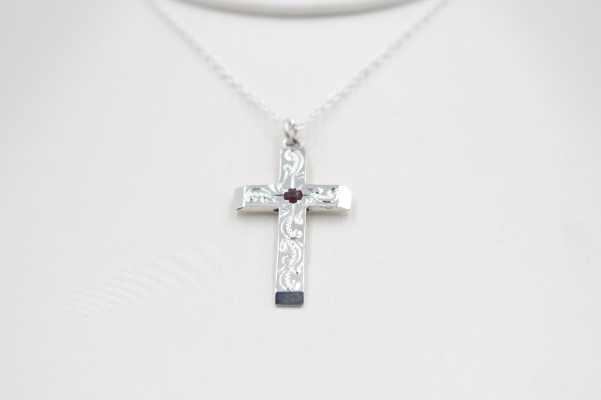 Stg Silver Engraved Cross with Garnet