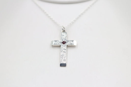 Stg Silver Engraved Cross with Garnet