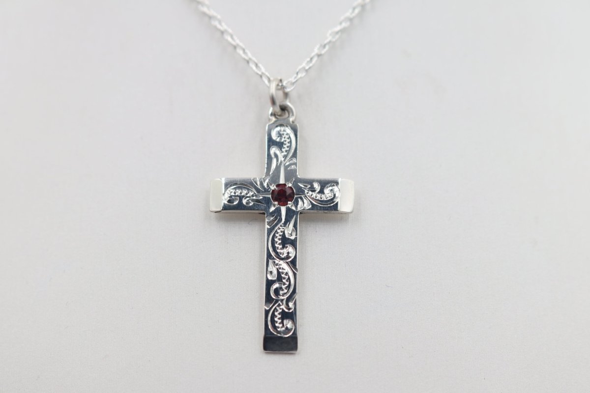 Stg Silver Engraved Cross with Garnet