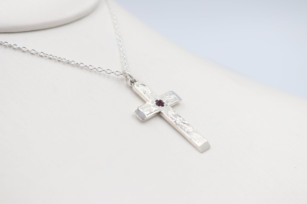 Stg Silver Engraved Cross with Garnet
