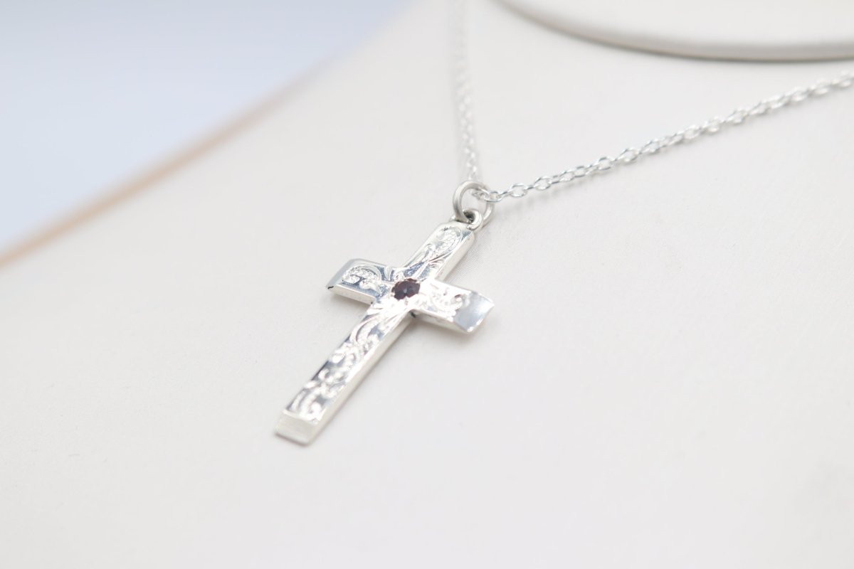 Stg Silver Engraved Cross with Garnet