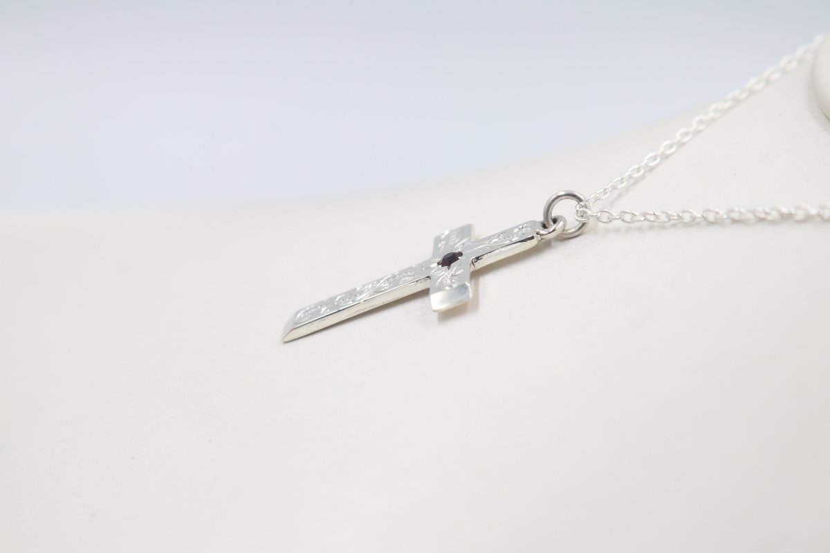 Stg Silver Engraved Cross with Garnet