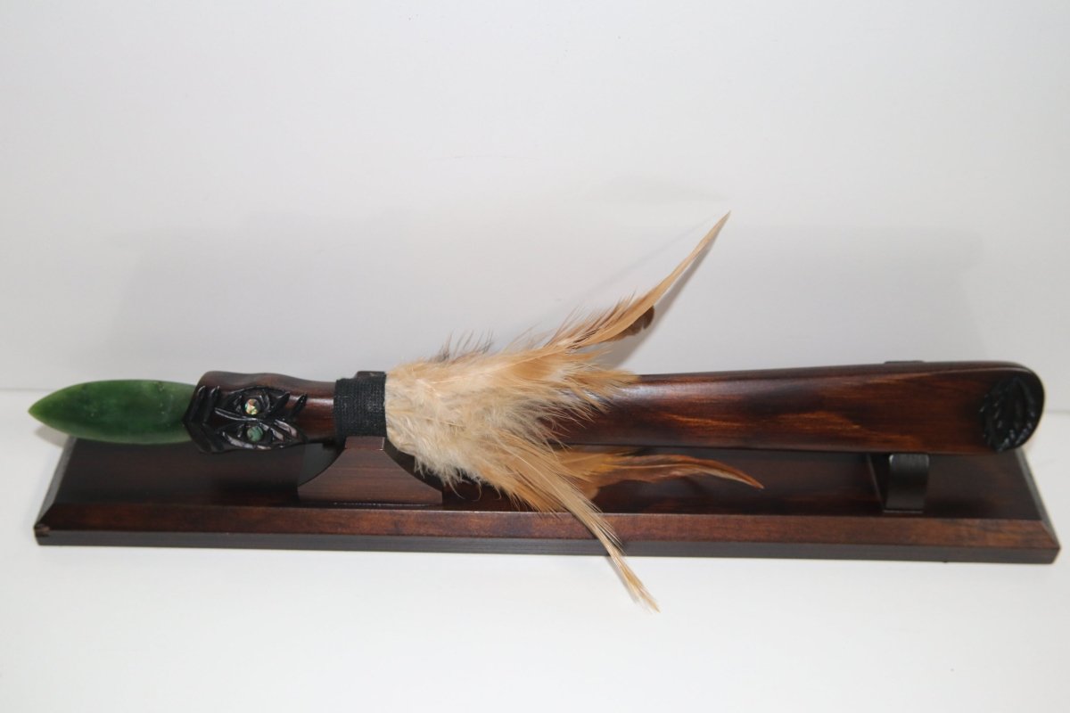 New Zealand Made Greenstone Taiaha with base