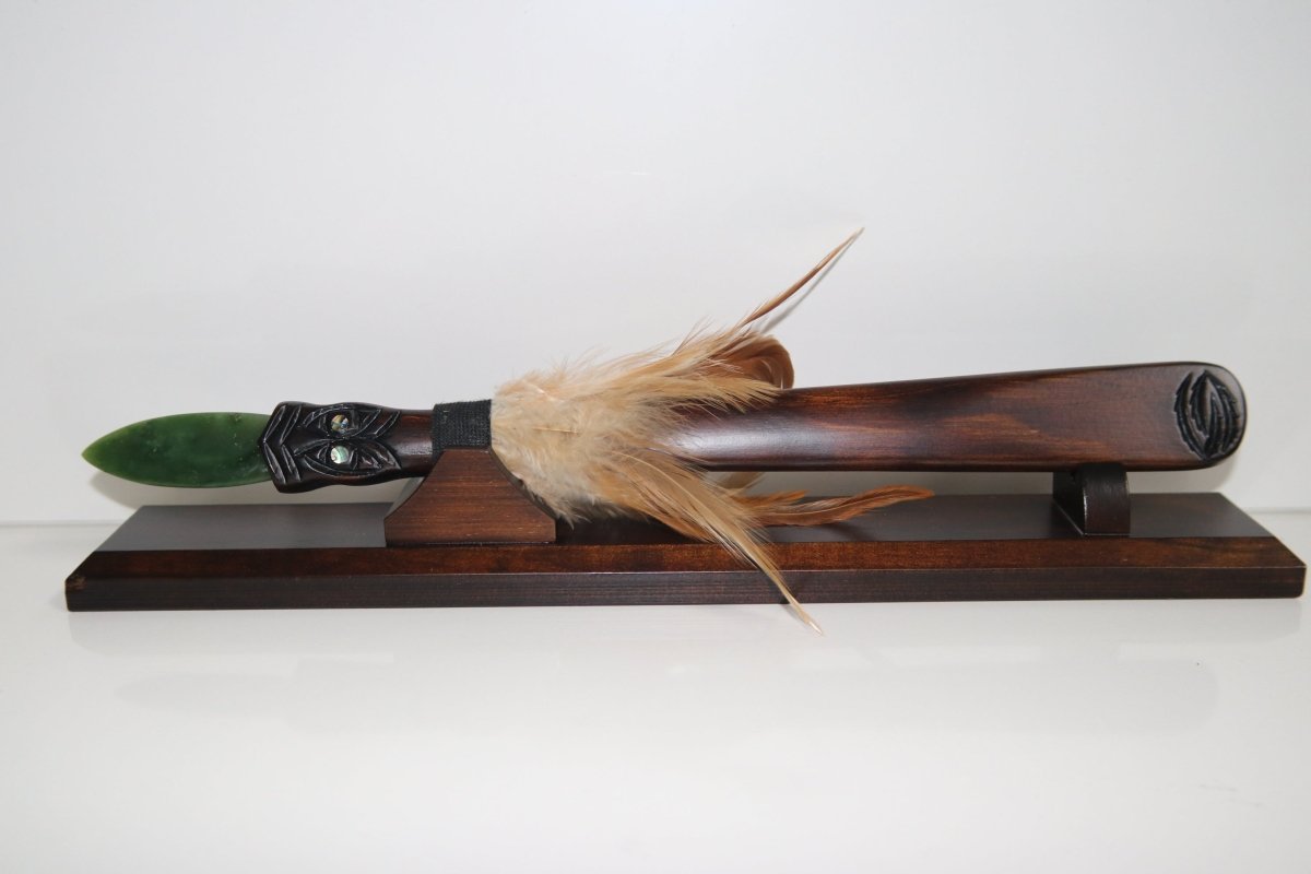 New Zealand Made Greenstone Taiaha with base