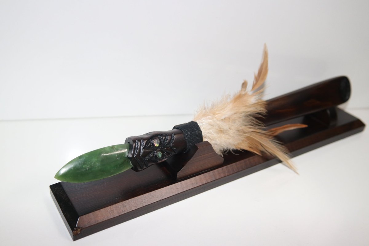 New Zealand Made Greenstone Taiaha with base
