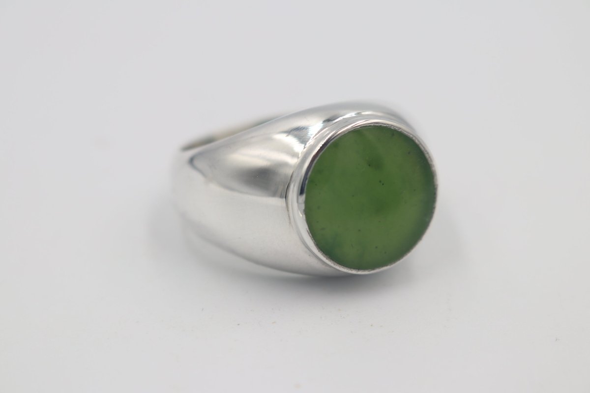 Stg Silver Mens Large Greenstone set Ring