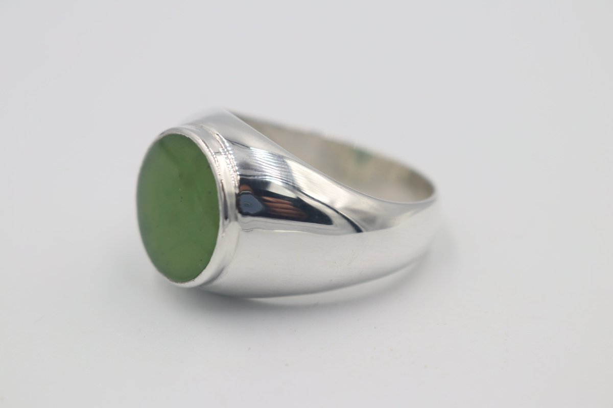 Stg Silver Mens Large Greenstone set Ring