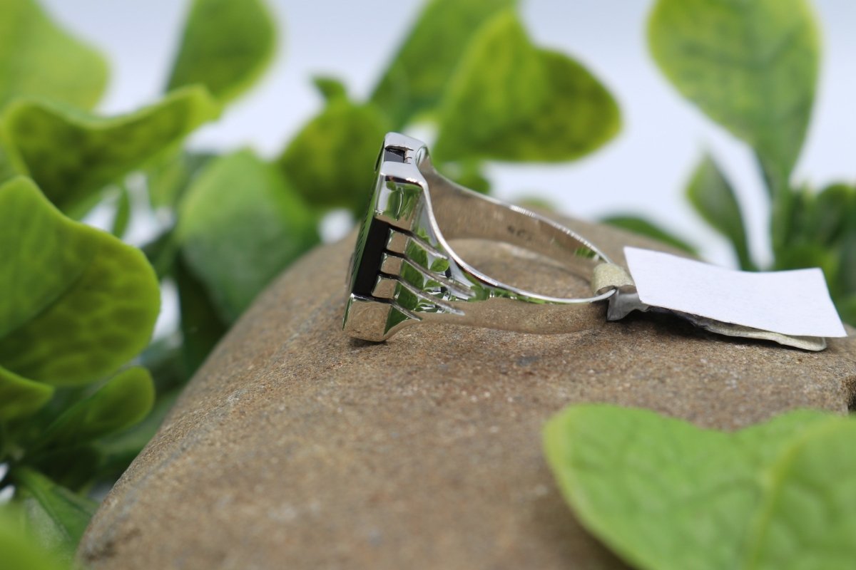 Stg Silver Heavy Mens Ring with Onyx and Fern