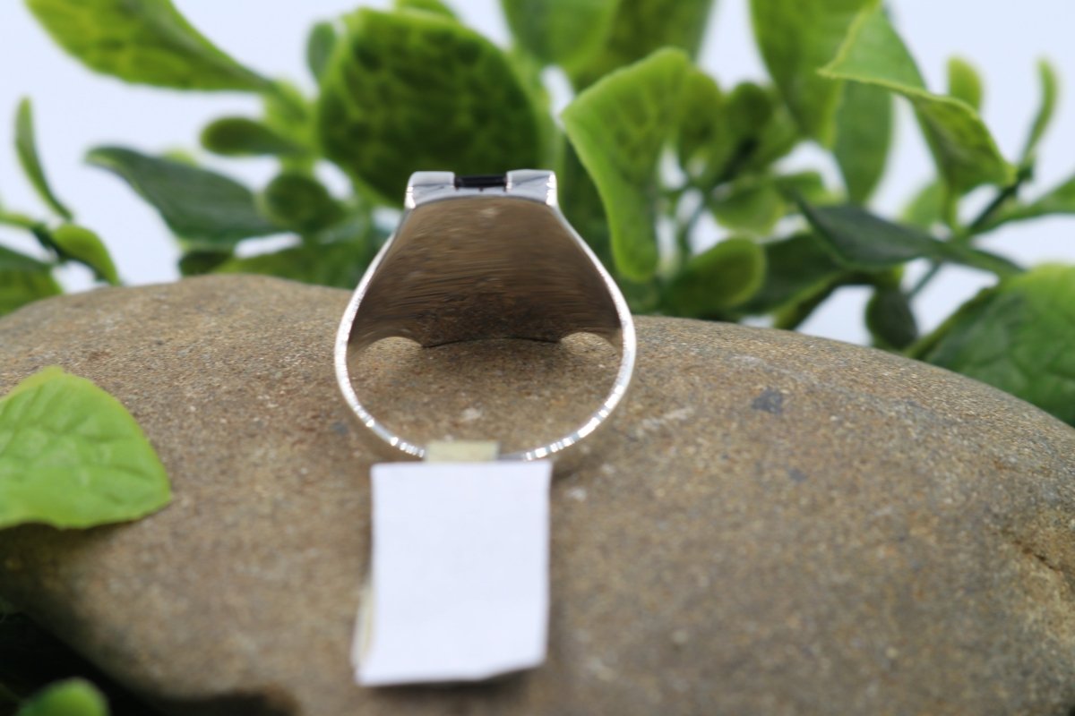 Stg Silver Heavy Mens Ring with Onyx and Fern