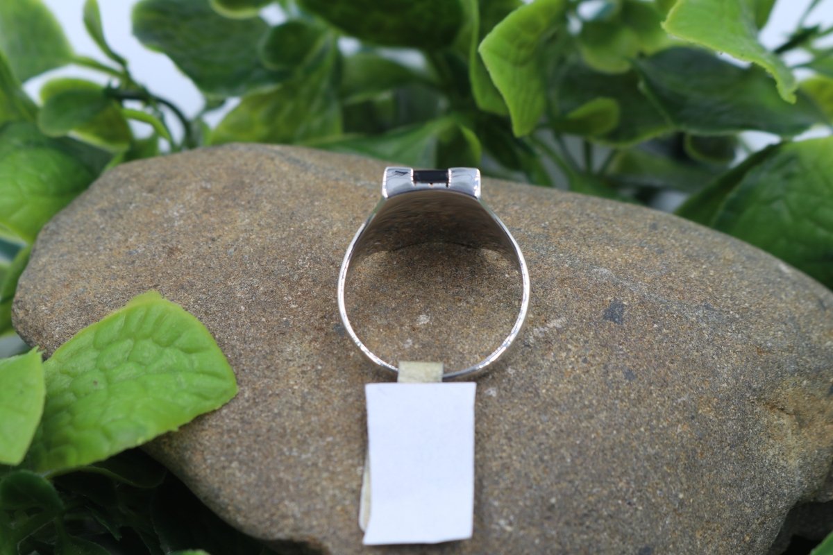 Stg Silver Heavy Mens Ring with Onyx and Fern