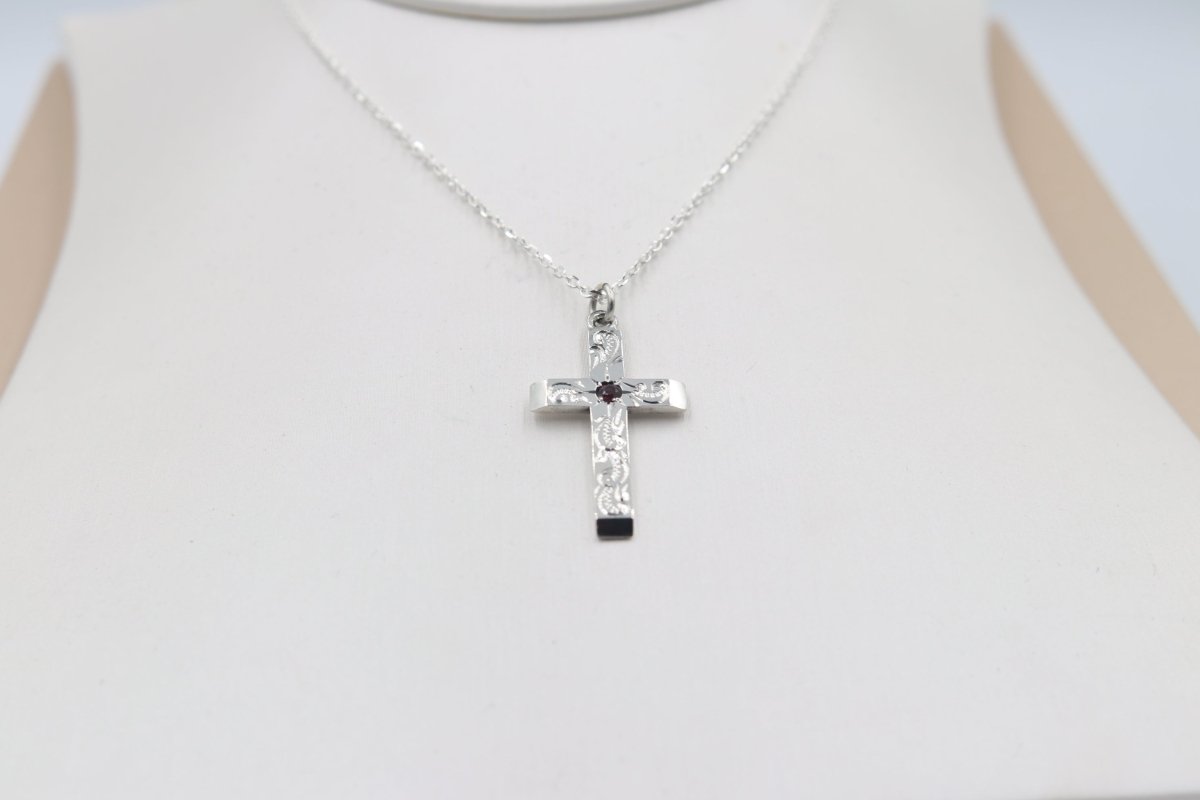 Stg Silver Engraved Cross with Garnet