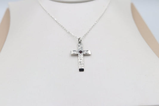 Stg Silver Engraved Cross with Garnet