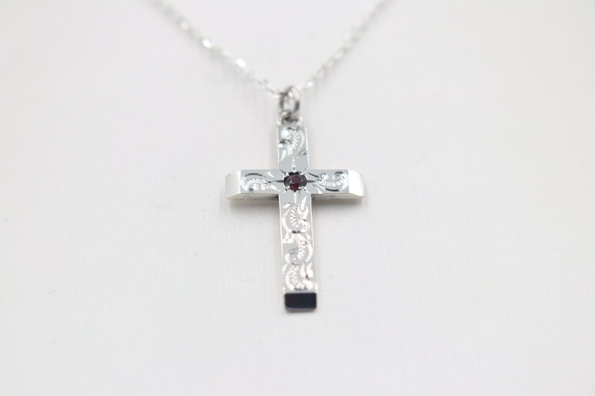 Stg Silver Engraved Cross with Garnet