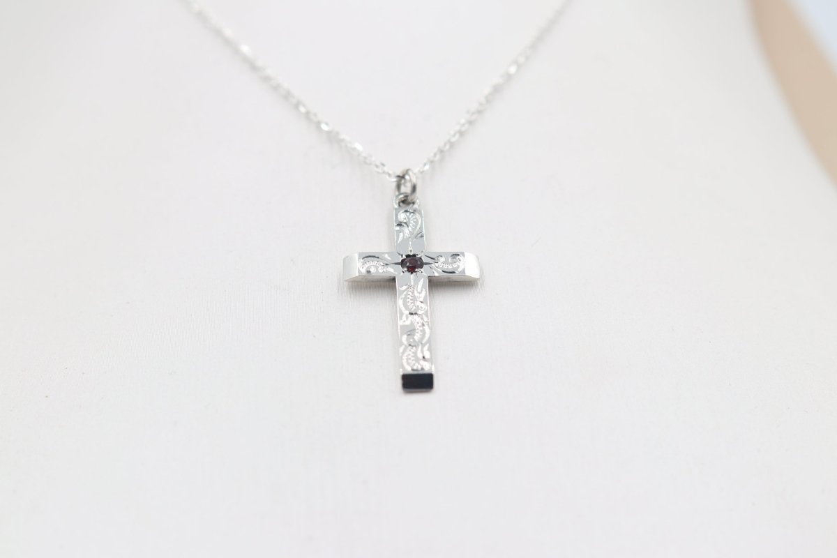 Stg Silver Engraved Cross with Garnet