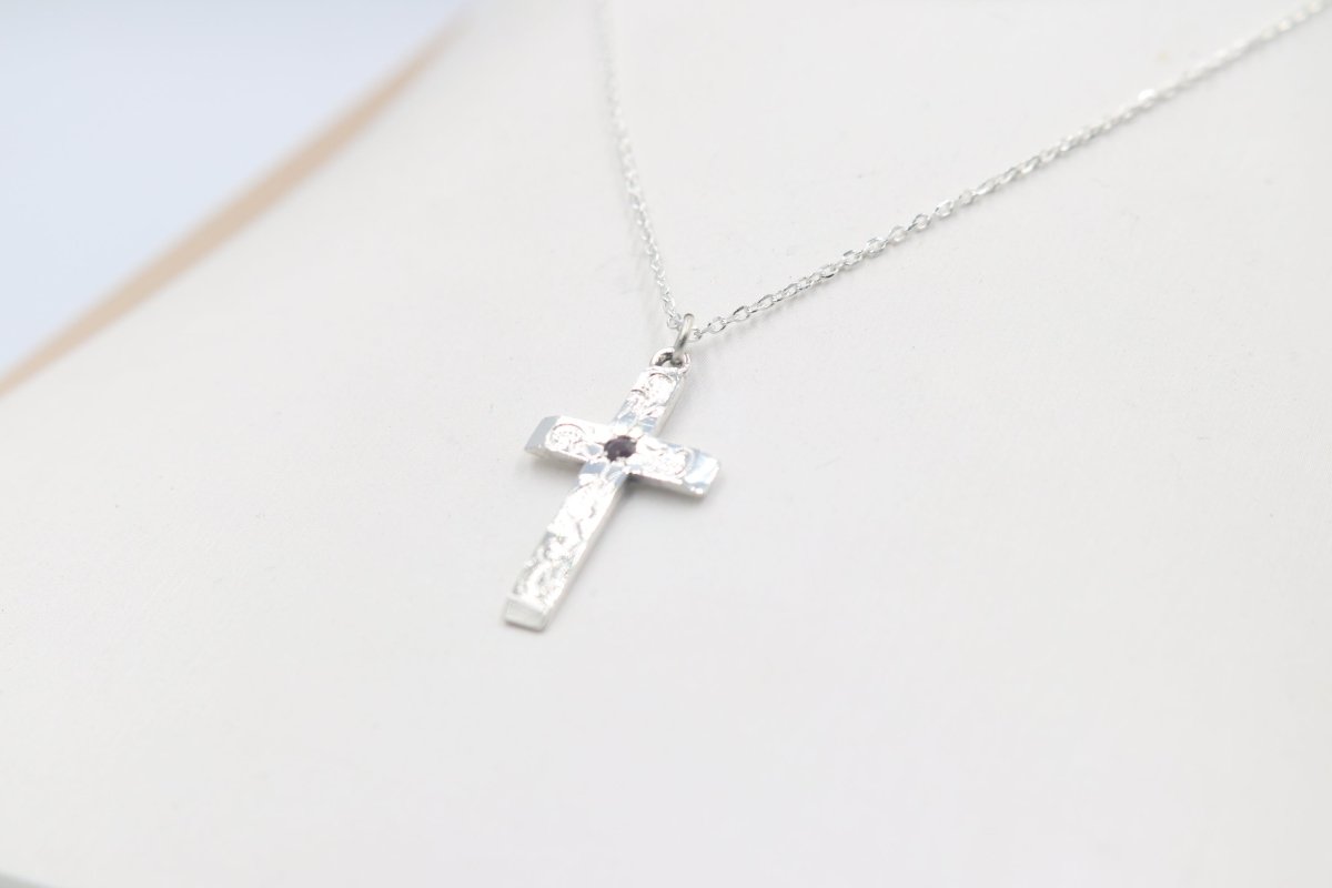 Stg Silver Engraved Cross with Garnet