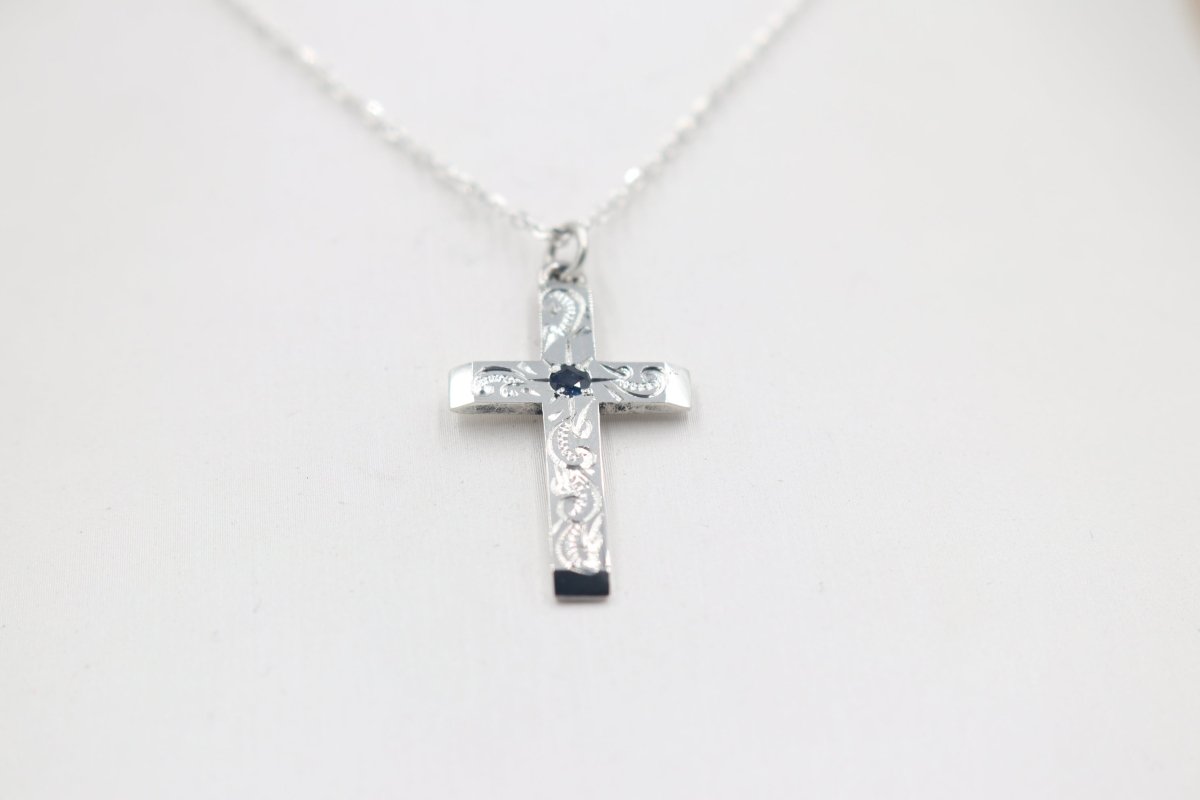 Stg Silver Engraved Cross with Saphhire