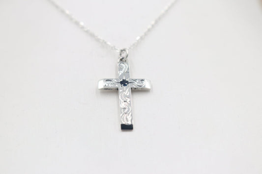 Stg Silver Engraved Cross with Saphhire