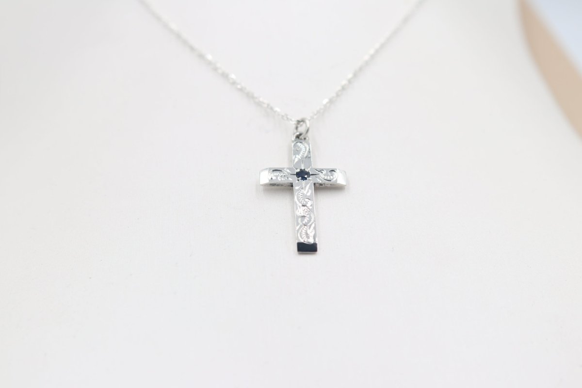 Stg Silver Engraved Cross with Saphhire