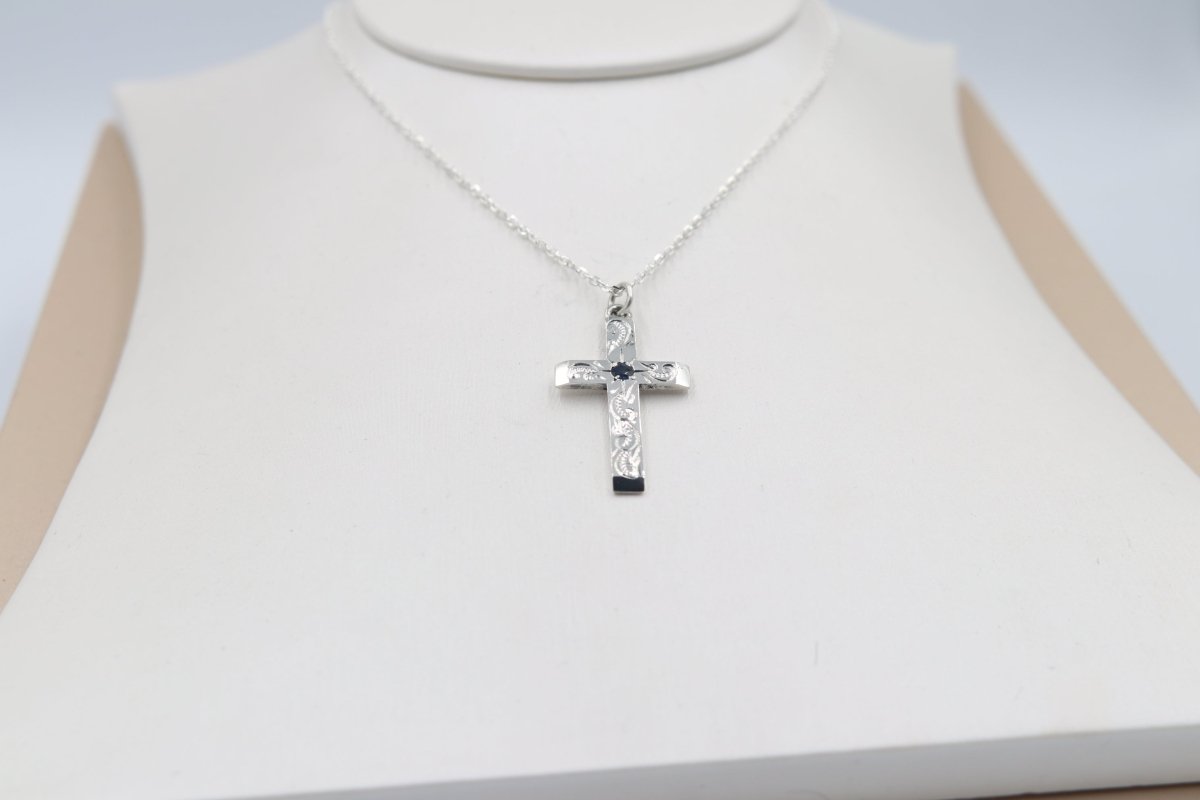Stg Silver Engraved Cross with Saphhire