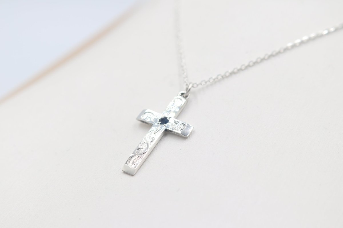 Stg Silver Engraved Cross with Saphhire