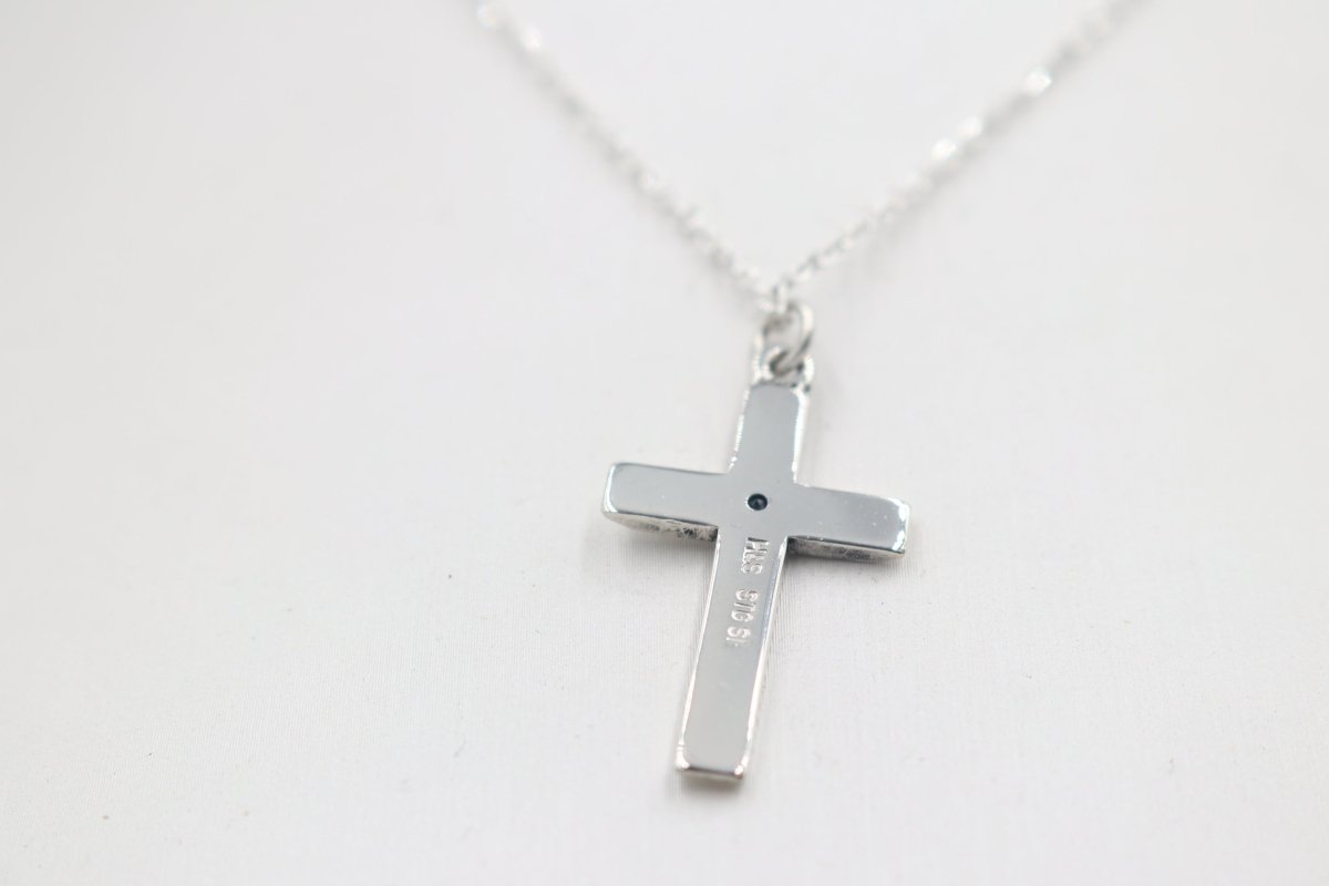 Stg Silver Engraved Cross with Saphhire