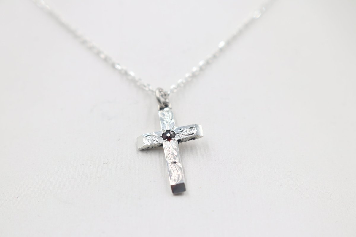 Stg Silver Engraved Cross with Garnet