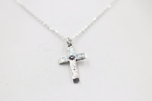 Stg Silver Engraved Cross with Garnet