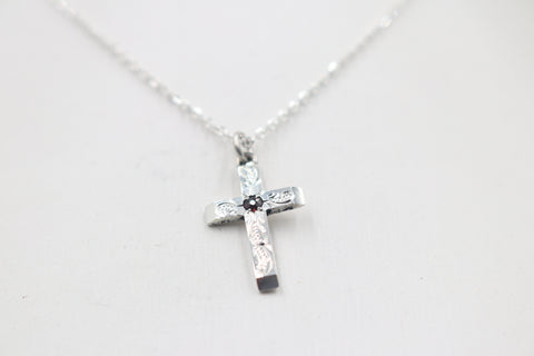 Stg Silver Engraved Cross with Garnet