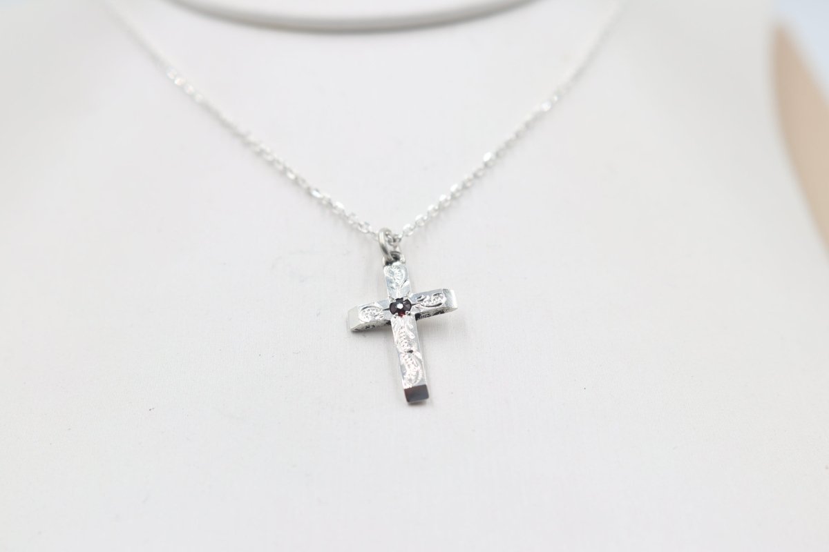 Stg Silver Engraved Cross with Garnet